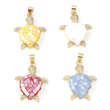 Natural Shell & Copper Ocean Jewelry Pendants 18K Gold Plated Multicolor Sea Turtle Animal 3D Clear Cubic Zirconia 3.1cm x 2.1cm