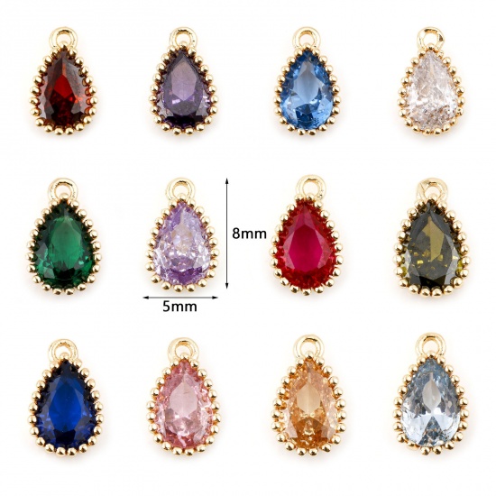 Picture of Brass Birthstone Charms Drop Real Gold Plated Multicolour Cubic Zirconia 8mm x 5mm                                                                                                                                                                            