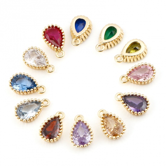 Picture of Brass Birthstone Charms Drop Real Gold Plated Multicolour Cubic Zirconia 8mm x 5mm                                                                                                                                                                            