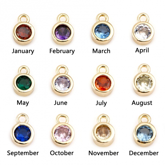 Picture of Brass Birthstone Charms Round Real Gold Plated Multicolour Cubic Zirconia 8mm x 5mm                                                                                                                                                                           