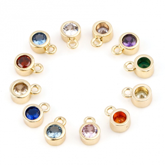 Picture of Brass Birthstone Charms Round Real Gold Plated Multicolour Cubic Zirconia 8mm x 5mm                                                                                                                                                                           