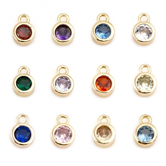 Picture of Brass Birthstone Charms Round Real Gold Plated Multicolour Cubic Zirconia 8mm x 5mm