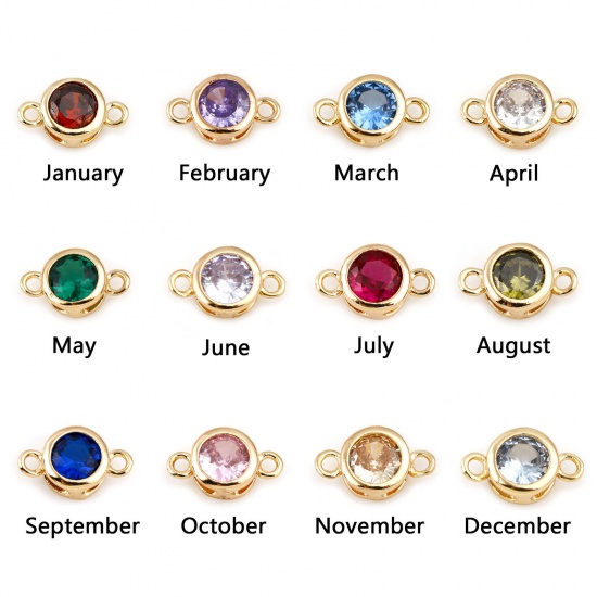 Picture of Brass Birthstone Connectors Real Gold Plated Round Multicolour Cubic Zirconia 9mm x 5mm                                                                                                                                                                       