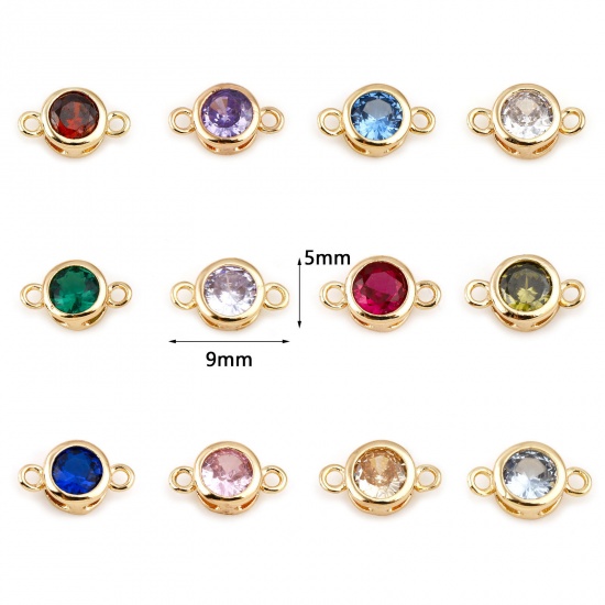 Picture of Brass Birthstone Connectors Real Gold Plated Round Multicolour Cubic Zirconia 9mm x 5mm                                                                                                                                                                       