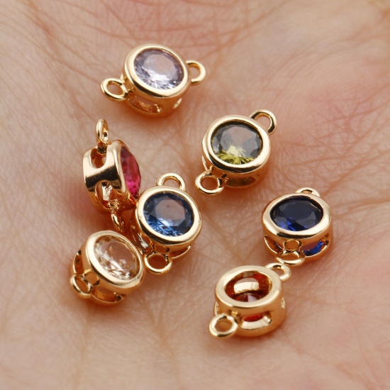 Picture of Brass Birthstone Connectors Real Gold Plated Round Multicolour Cubic Zirconia 9mm x 5mm