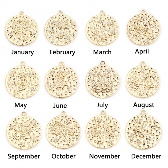 Immagine di Ottone Fiore del Mese di Nascita Charms Tondo Vero Oro Placcato Trasparente Cubic Zirconiae 22mm x 20mm, 2 Pz