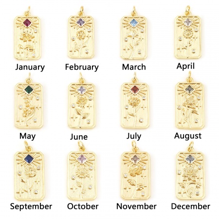 Brass Birth Month Flower Charms Rectangle Real Gold Plated Multicolour Cubic Zirconia 28mm x 13mm