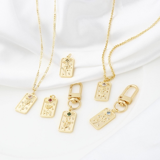 Immagine di Ottone Fiore del Mese di Nascita Charms Rettangolo Vero Oro Placcato Multicolore Cubic Zirconiae 28mm x 13mm, 2 Pz
