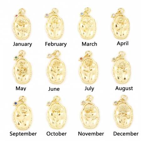 Messing Geburtsmonat Blume Charms Oval Echtgold plattiert Bunt Zirkonia 26mm x 13mm, 2 Stück