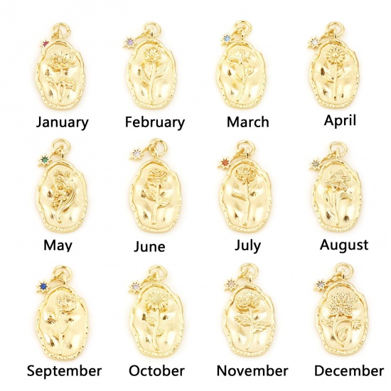 Picture of Brass Birth Month Flower Charms Oval Real Gold Plated Multicolour Cubic Zirconia 26mm x 13mm