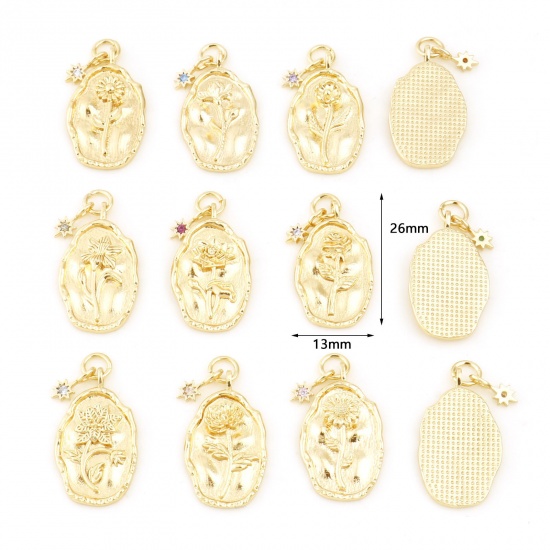 Picture of Brass Birth Month Flower Charms Oval Real Gold Plated Multicolour Cubic Zirconia 26mm x 13mm