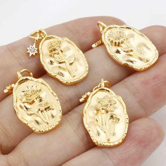 Picture of Brass Birth Month Flower Charms Oval Real Gold Plated Multicolour Cubic Zirconia 26mm x 13mm