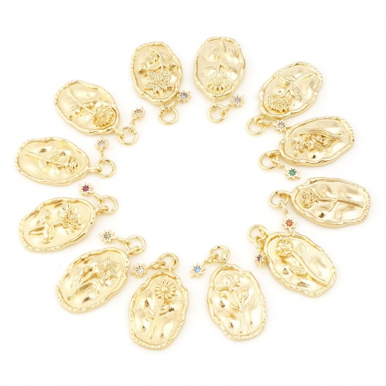 Picture of Brass Birth Month Flower Charms Oval Real Gold Plated Multicolour Cubic Zirconia 26mm x 13mm