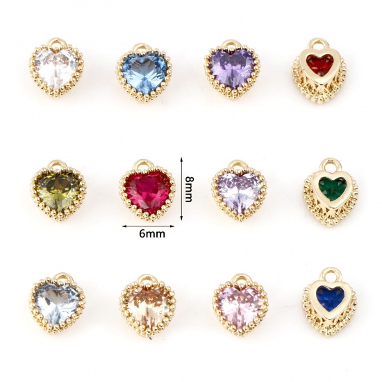 Picture of Brass Birthstone Charms Heart Real Gold Plated Multicolour Cubic Zirconia 8mm x 6mm                                                                                                                                                                           