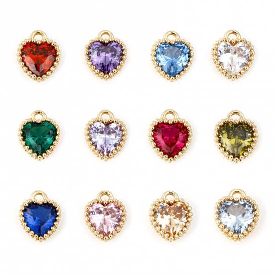 Picture of Brass Birthstone Charms Heart Real Gold Plated Multicolour Cubic Zirconia 8mm x 6mm                                                                                                                                                                           