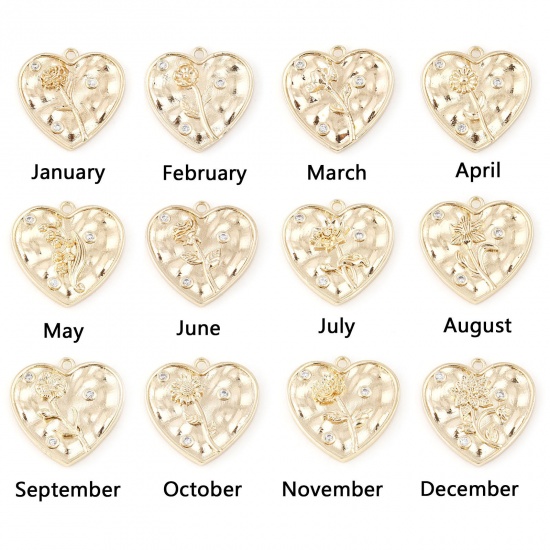 Immagine di Ottone Fiore del Mese di Nascita Charms Cuore Vero Oro Placcato Trasparente Cubic Zirconiae 20mm x 20mm, 2 Pz