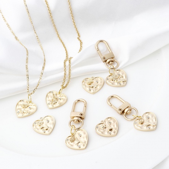 Immagine di Ottone Fiore del Mese di Nascita Charms Cuore Vero Oro Placcato Trasparente Cubic Zirconiae 20mm x 20mm, 2 Pz