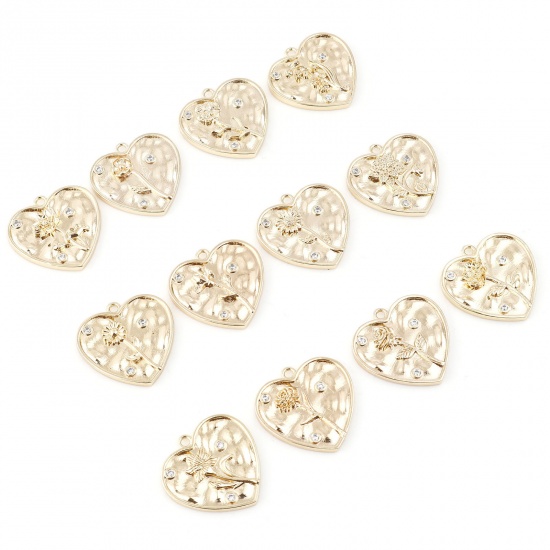 Immagine di Ottone Fiore del Mese di Nascita Charms Cuore Vero Oro Placcato Trasparente Cubic Zirconiae 20mm x 20mm, 2 Pz