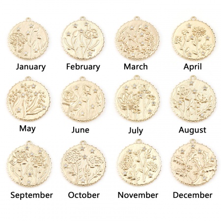 Ottone Fiore del Mese di Nascita Charms Tondo Vero Oro Placcato Trasparente Cubic Zirconiae 23mm x 22mm, 2 Pz Ottone Fiore del Mese di Nascita Charms Tondo Vero Oro Placcato Trasparente Cubic Zirconiae 23mm x 22mm, 2 Pz