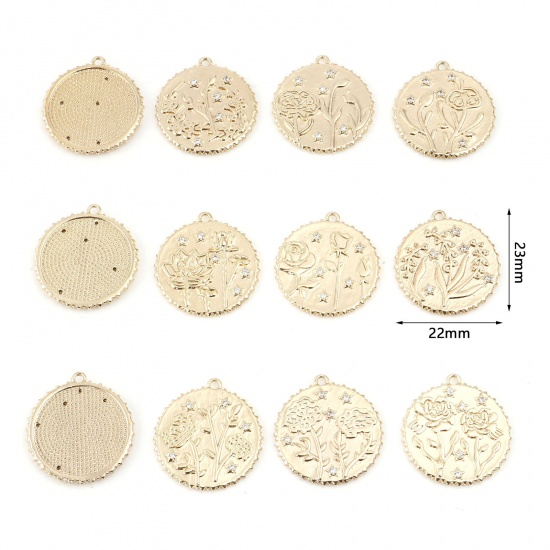 Immagine di Ottone Fiore del Mese di Nascita Charms Tondo Vero Oro Placcato Trasparente Cubic Zirconiae 23mm x 22mm, 2 Pz