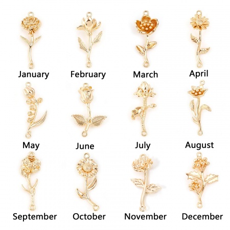 Brass Birth Month Flower Connectors Real Gold Plated Flower