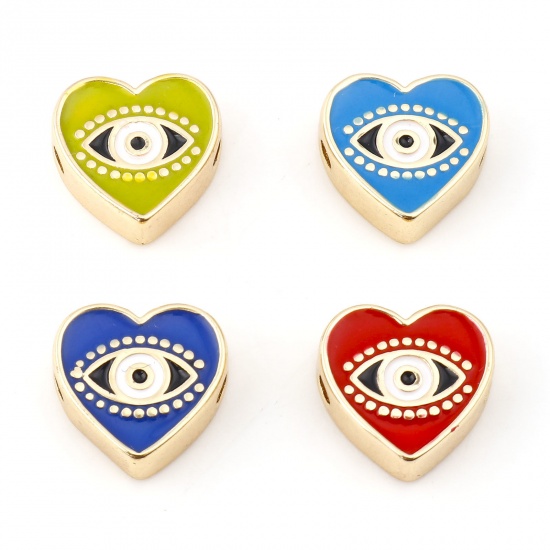 Picture of Brass Valentine's Day Beads Real Gold Plated Multicolor Heart Evil Eye Enamel About 11mm x 11mm