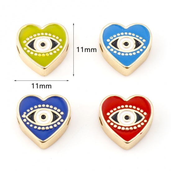 Picture of Brass Valentine's Day Beads Real Gold Plated Multicolor Heart Evil Eye Enamel About 11mm x 11mm