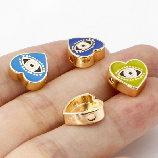 Picture of Brass Valentine's Day Beads Real Gold Plated Multicolor Heart Evil Eye Enamel About 11mm x 11mm