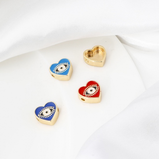 Picture of Brass Valentine's Day Beads Real Gold Plated Multicolor Heart Evil Eye Enamel About 11mm x 11mm
