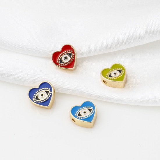 Picture of Brass Valentine's Day Beads Real Gold Plated Multicolor Heart Evil Eye Enamel About 11mm x 11mm