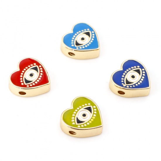 Picture of Brass Valentine's Day Beads Real Gold Plated Multicolor Heart Evil Eye Enamel About 11mm x 11mm