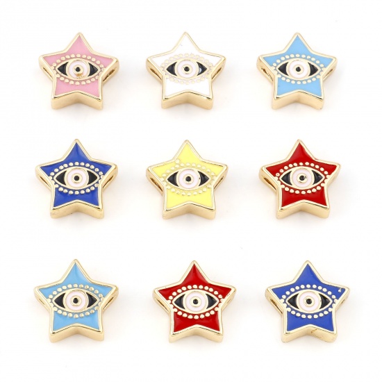 Picture of Brass Religious Beads Real Gold Plated Multicolor Pentagram Star Evil Eye Enamel About 11mm x 11mm