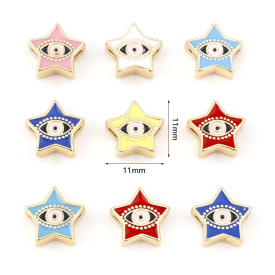Picture of Brass Religious Beads Real Gold Plated Multicolor Pentagram Star Evil Eye Enamel About 11mm x 11mm