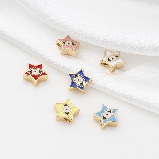 Picture of Brass Religious Beads Real Gold Plated Multicolor Pentagram Star Evil Eye Enamel About 11mm x 11mm