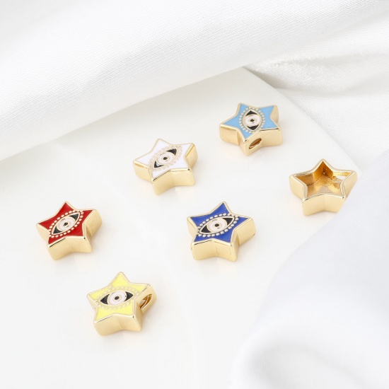 Picture of Brass Religious Beads Real Gold Plated Multicolor Pentagram Star Evil Eye Enamel About 11mm x 11mm