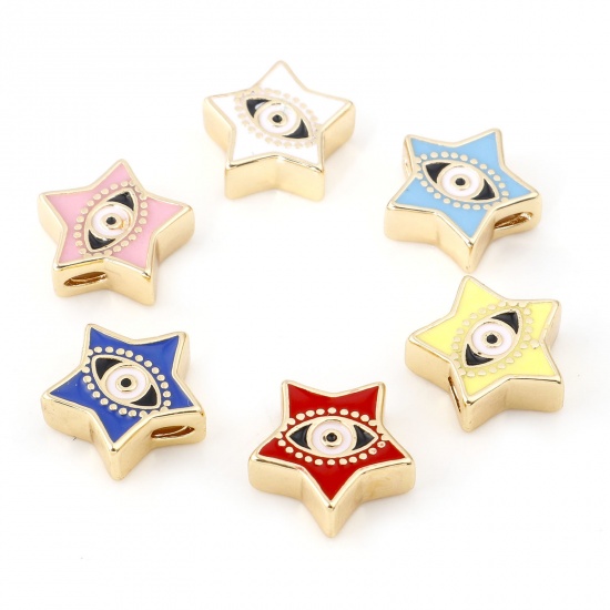 Picture of Brass Religious Beads Real Gold Plated Multicolor Pentagram Star Evil Eye Enamel About 11mm x 11mm