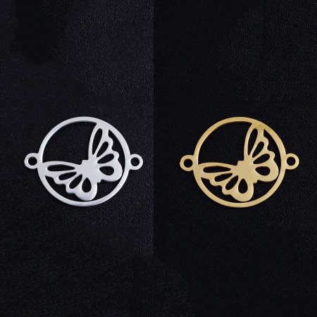 ステンレス鋼 昆虫 コネクター 円形 多色 蝶 透かし 19.5mm x 15mm、 5 個