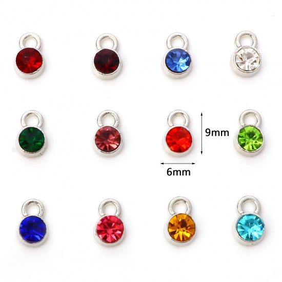 Picture of Zinc Based Alloy Birthstone Charms Silver Tone Round Multicolor Rhinestone 9mm x 6mm