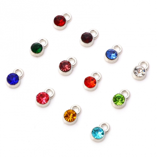 Picture of Zinc Based Alloy Birthstone Charms Silver Tone Round Multicolor Rhinestone 9mm x 6mm