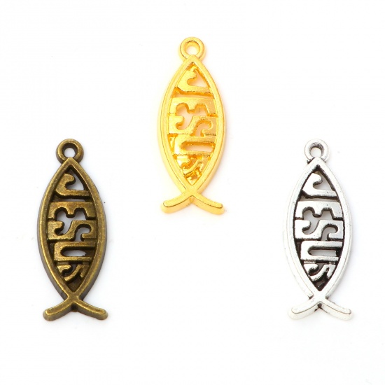 Picture of Zinc Based Alloy Religious Charms Multicolor Jesus/ Christian Fish Ichthys Hollow 27mm x 10mm