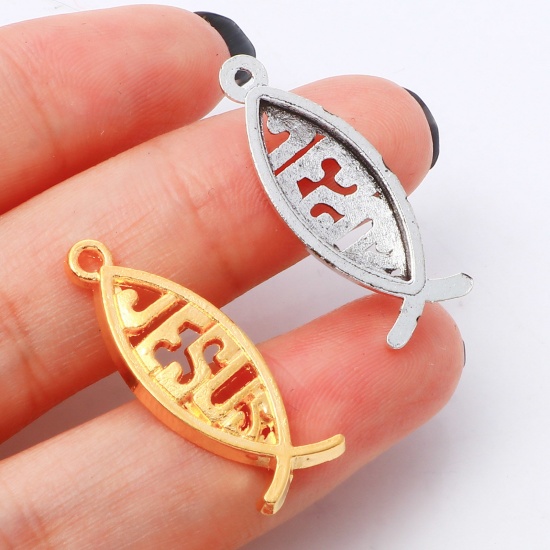 Picture of Zinc Based Alloy Religious Charms Multicolor Jesus/ Christian Fish Ichthys Hollow 27mm x 10mm