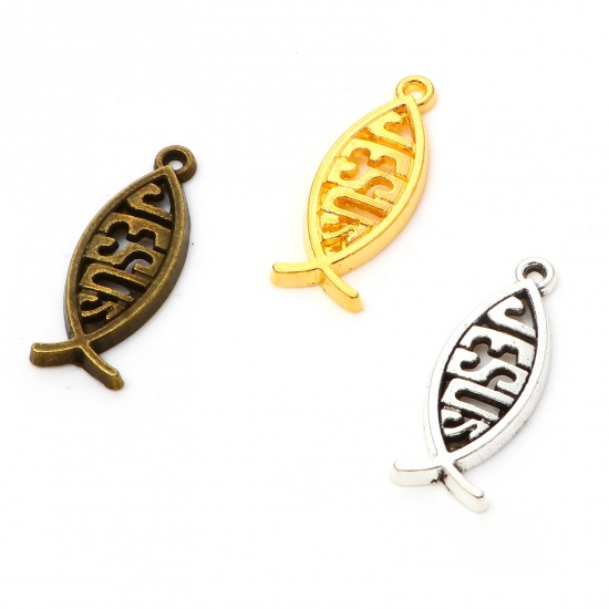 Picture of Zinc Based Alloy Religious Charms Multicolor Jesus/ Christian Fish Ichthys Hollow 27mm x 10mm