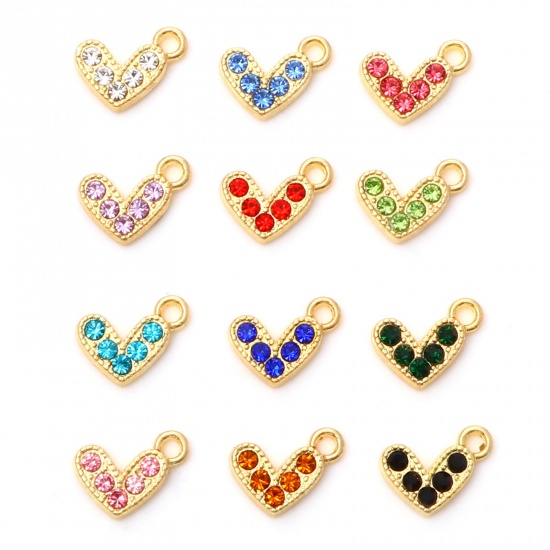 Immagine di Lega di Zinco San Valentino Charms Cuore Oro Placcato Multicolore Strass Micro Spianare 10mm x 8mm , 20 Pz