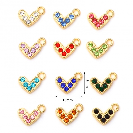 Immagine di Lega di Zinco San Valentino Charms Cuore Oro Placcato Multicolore Strass Micro Spianare 10mm x 8mm , 20 Pz