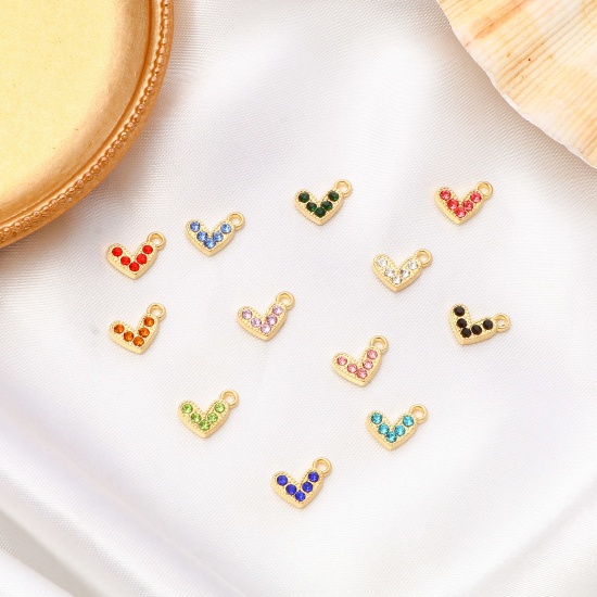 Immagine di Lega di Zinco San Valentino Charms Cuore Oro Placcato Multicolore Strass Micro Spianare 10mm x 8mm , 20 Pz