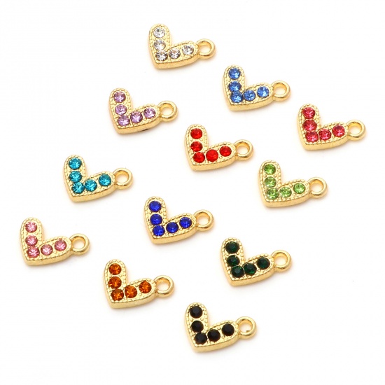 Immagine di Lega di Zinco San Valentino Charms Cuore Oro Placcato Multicolore Strass Micro Spianare 10mm x 8mm , 20 Pz