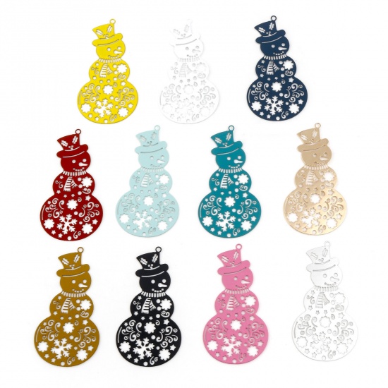 Picture of Iron Based Alloy Filigree Stamping Pendants Multicolor Christmas Snowman Painted 5.2cm x 2.8cm, 5 PCs