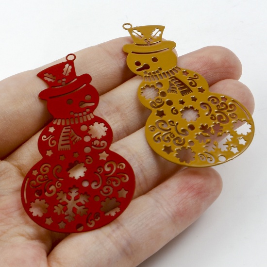 Picture of Iron Based Alloy Filigree Stamping Pendants Multicolor Christmas Snowman Painted 5.2cm x 2.8cm, 5 PCs