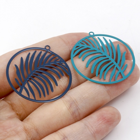 Picture of Iron Based Alloy Filigree Stamping Pendants Multicolor Round Leaf Painted 3.3cm x 3.1cm, 10 PCs