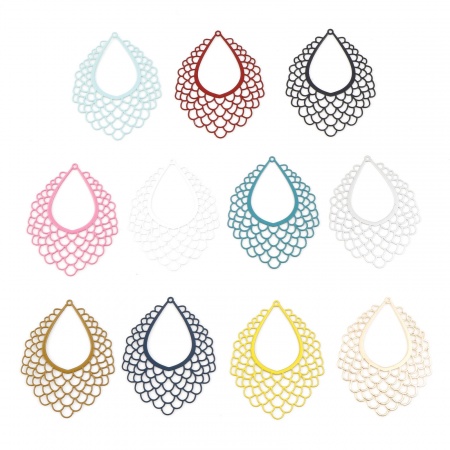 Iron Based Alloy Filigree Stamping Pendants Multicolor Drop Fish Scale Painted 4.5cm x 3.6cm, 5 PCs